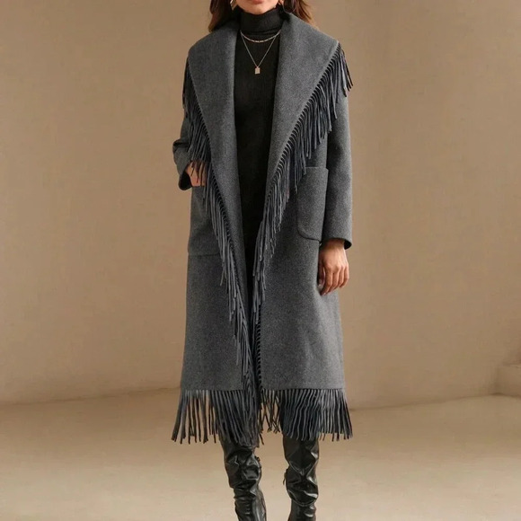 Jackets & Blazers - Grey Elegant Women's Faux Fur Collar Wool Blend Jacket With Fringe Trim